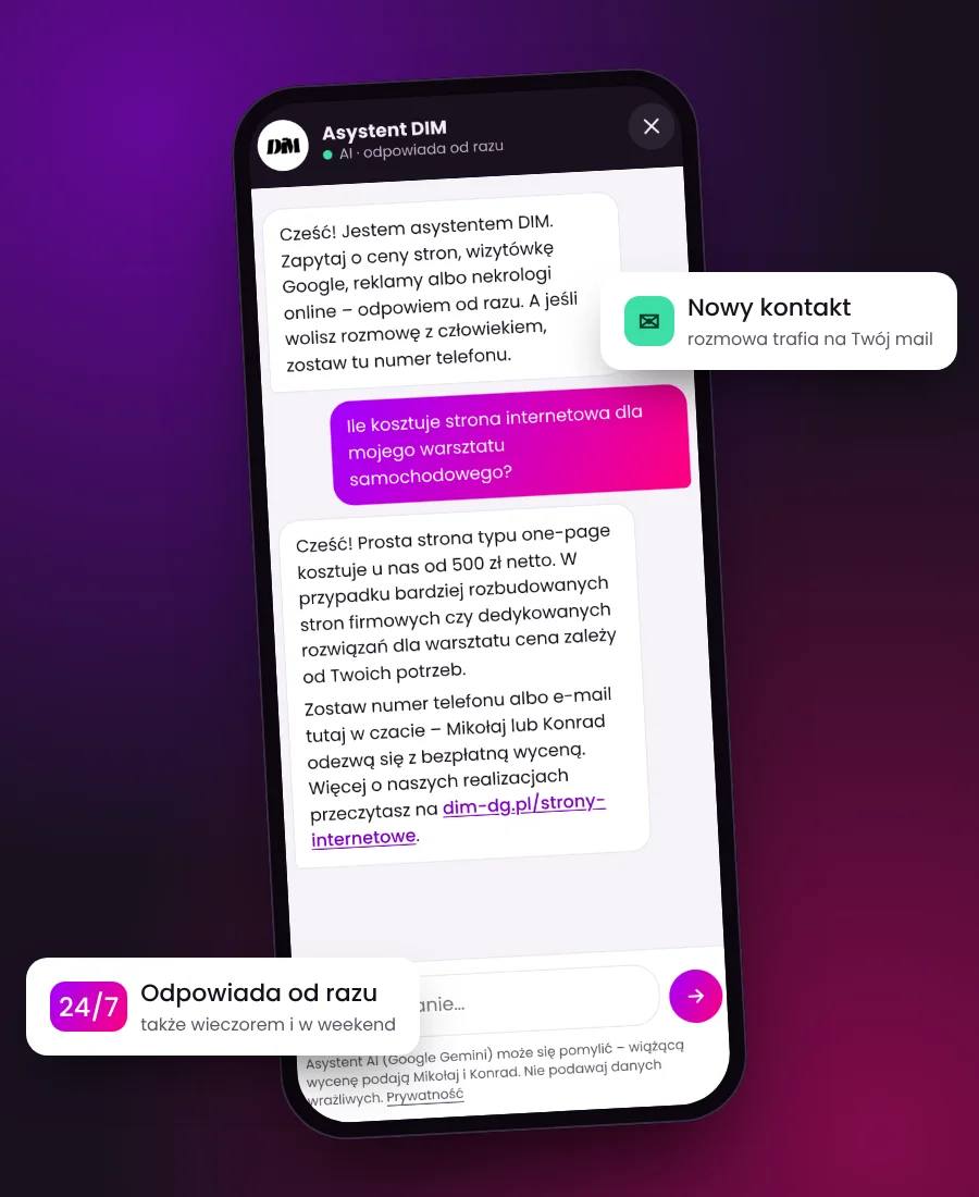 Prawdziwa rozmowa z asystentem AI na stronie DIM: pytanie o cenę strony dla warsztatu i odpowiedź asystenta